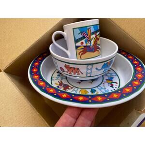 Dansk Bistro Kids Melamine 3 Pc CIRCUS Set Plate Bowl Mug Set NIB + First Years